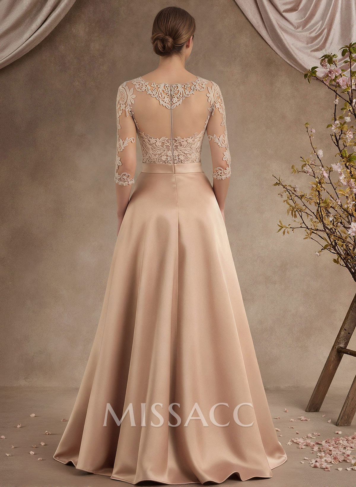 A-Line Illusion Neck 3/4 Sleeves Floor-Length Satin Mother Of The Bride Dresses With Flower(s) A-Line Illusion Neck 3/4 Sleeves Floor-Length Satin Mother Of The Bride Dresses With Flower(s)