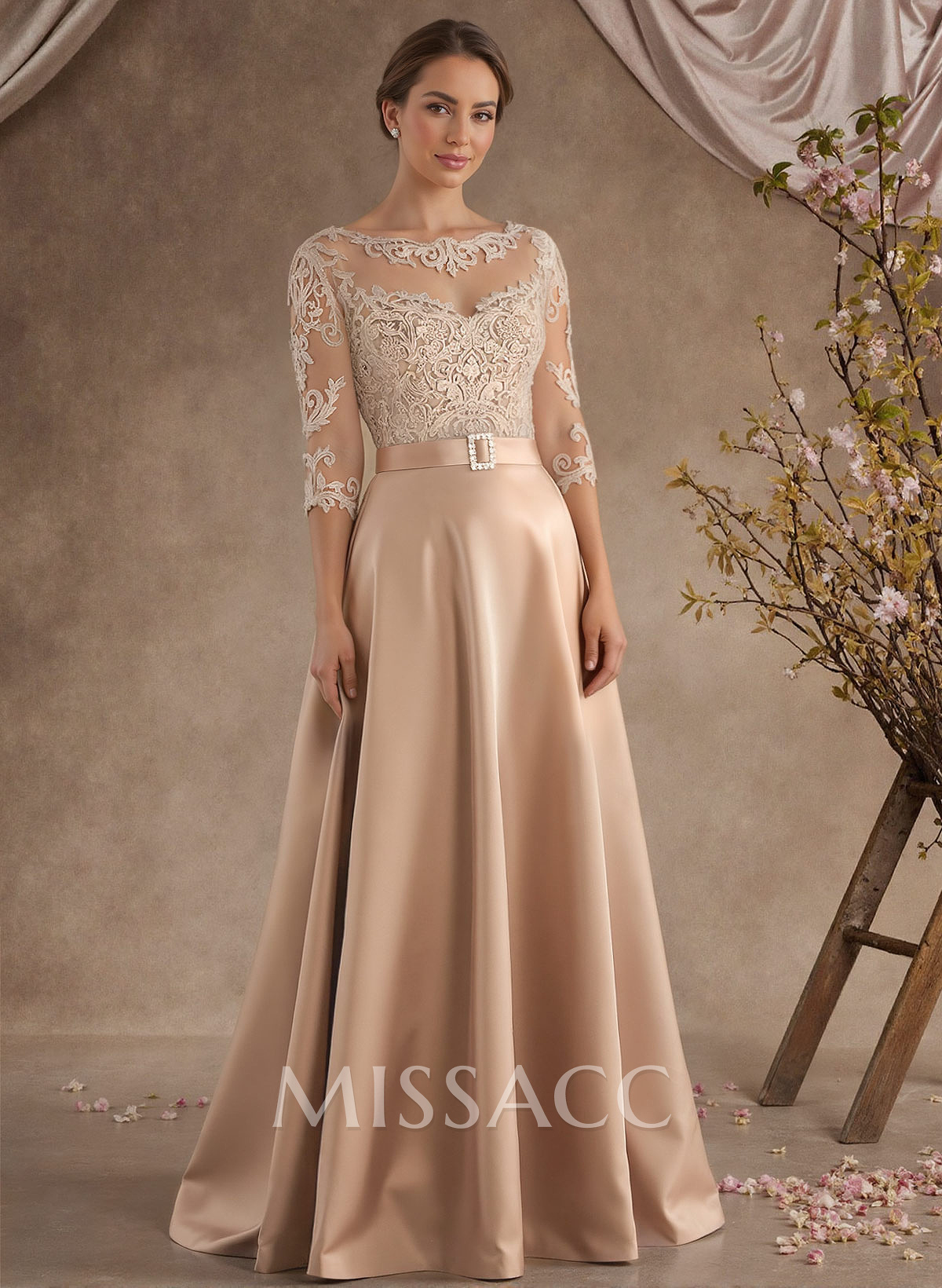 A-Line Illusion Neck 3/4 Sleeves Floor-Length Satin Mother Of The Bride Dresses With Flower(s) A-Line Illusion Neck 3/4 Sleeves Floor-Length Satin Mother Of The Bride Dresses With Flower(s)