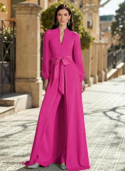 Sheath Column V-Neck Long Sleeves Sweep Train Elastic Satin Mother Of The Bride Dresses With Bow(s)