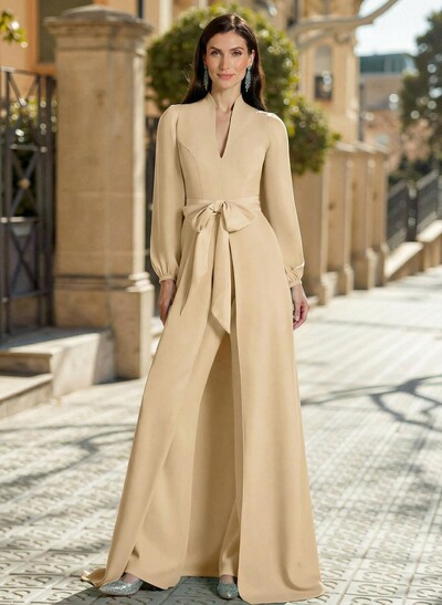 Sheath Column V-Neck Long Sleeves Sweep Train Elastic Satin Mother Of The Bride Dresses With Bow(s)