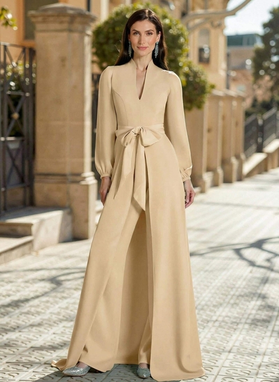 Sheath Column V-Neck Long Sleeves Sweep Train Elastic Satin Mother Of The Bride Dresses With Bow(s)