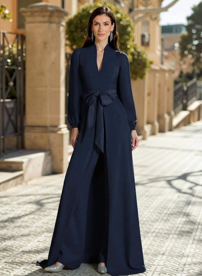 Sheath Column V-Neck Long Sleeves Sweep Train Elastic Satin Mother Of The Bride Dresses With Bow(s)