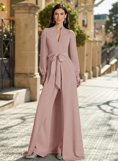 Sheath Column V-Neck Long Sleeves Sweep Train Elastic Satin Mother Of The Bride Dresses With Bow(s)