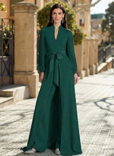 Sheath Column V-Neck Long Sleeves Sweep Train Elastic Satin Mother Of The Bride Dresses With Bow(s)