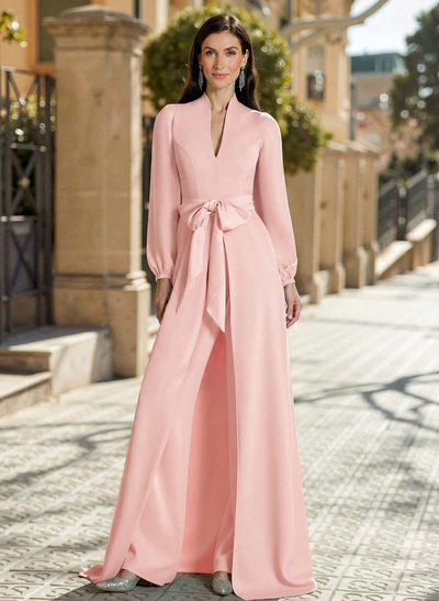 Sheath Column V-Neck Long Sleeves Sweep Train Elastic Satin Mother Of The Bride Dresses With Bow(s)