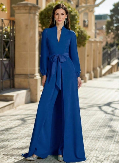 Sheath Column V-Neck Long Sleeves Sweep Train Elastic Satin Mother Of The Bride Dresses With Bow(s)