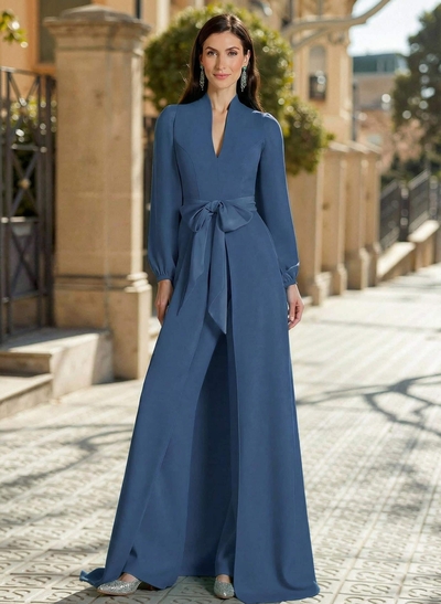 Sheath Column V-Neck Long Sleeves Sweep Train Elastic Satin Mother Of The Bride Dresses With Bow(s)