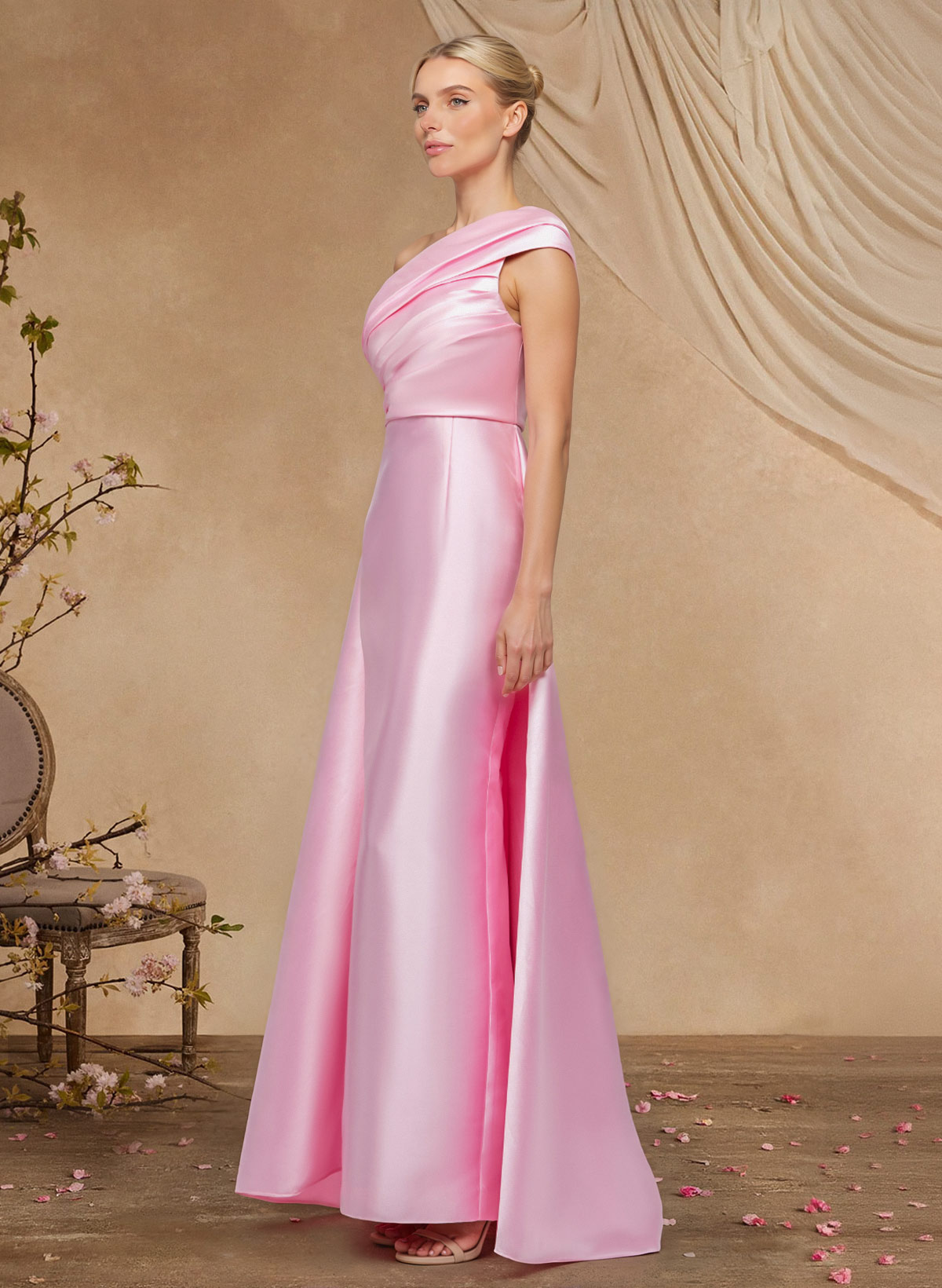 Sheath Column One-Shoulder Sleeveless Floor-Length Satin Mother Of The Bride Dresses With Tiered