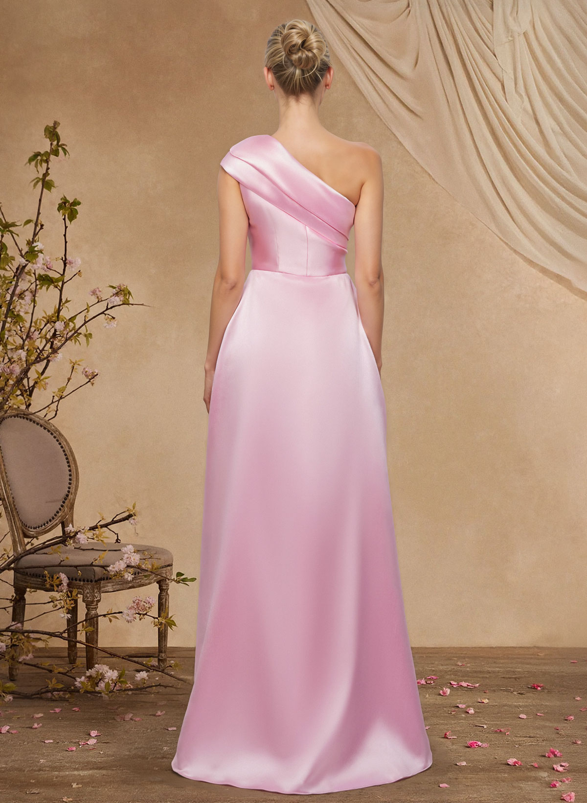 Sheath Column One-Shoulder Sleeveless Floor-Length Satin Mother Of The Bride Dresses With Tiered