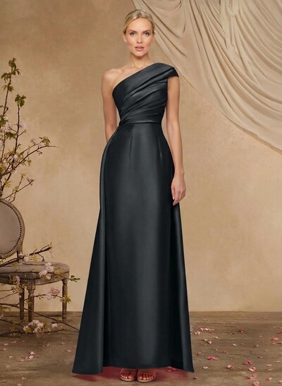 Sheath Column One-Shoulder Sleeveless Floor-Length Satin Mother Of The Bride Dresses With Tiered