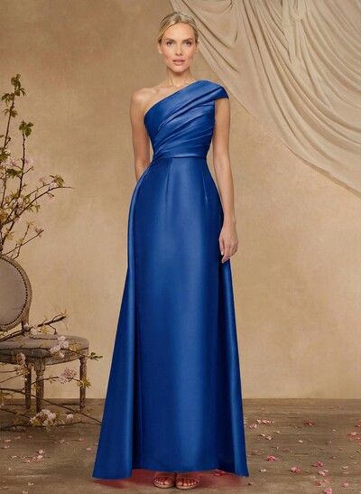 Sheath Column One-Shoulder Sleeveless Floor-Length Satin Mother Of The Bride Dresses With Tiered