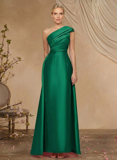 Sheath Column One-Shoulder Sleeveless Floor-Length Satin Mother Of The Bride Dresses With Tiered
