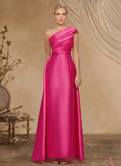Sheath Column One-Shoulder Sleeveless Floor-Length Satin Mother Of The Bride Dresses With Tiered