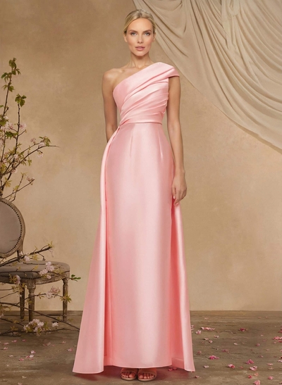 Sheath Column One-Shoulder Sleeveless Floor-Length Satin Mother Of The Bride Dresses With Tiered