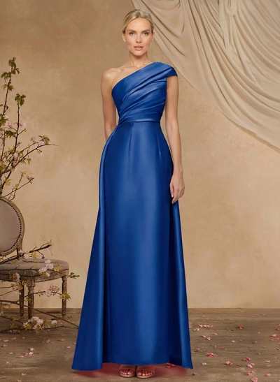 Sheath Column One-Shoulder Sleeveless Floor-Length Satin Mother Of The Bride Dresses With Tiered