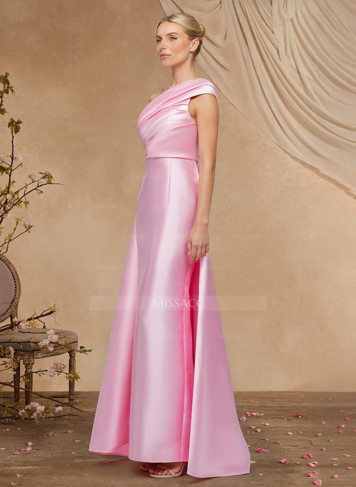 Sheath Column One-Shoulder Sleeveless Floor-Length Satin Mother Of The Bride Dresses With Tiered