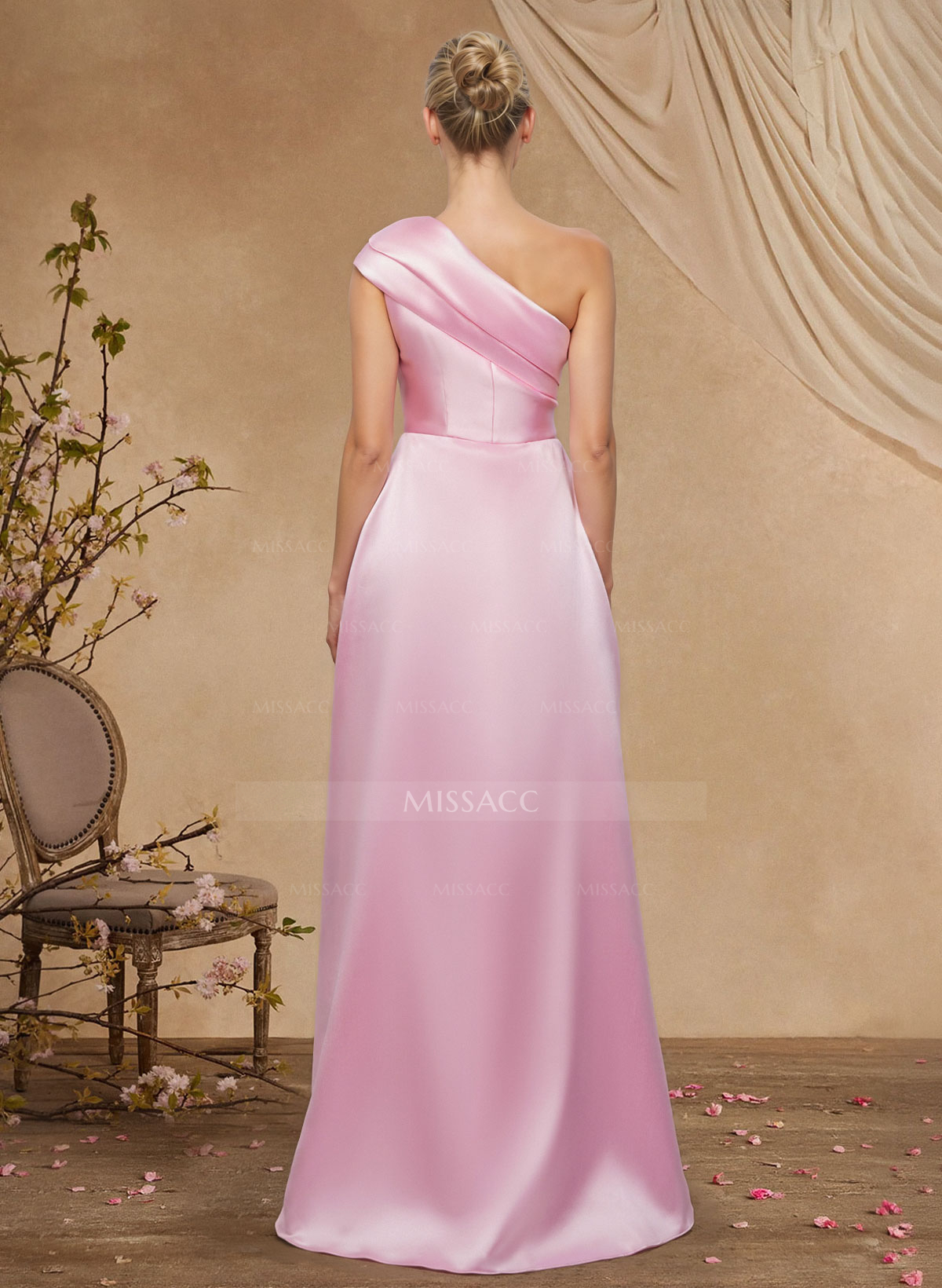 Sheath Column One-Shoulder Sleeveless Floor-Length Satin Mother Of The Bride Dresses With Tiered