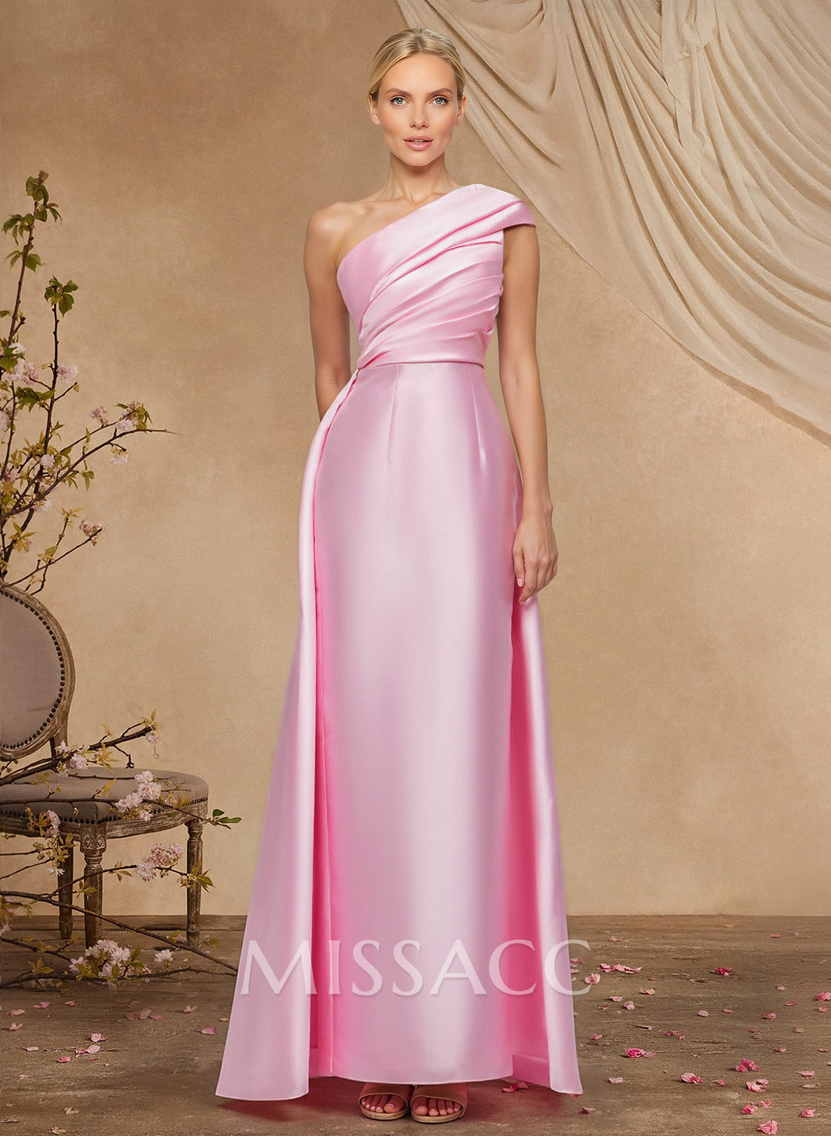 Sheath Column One-Shoulder Sleeveless Floor-Length Satin Mother Of The Bride Dresses With Tiered Sheath Column One-Shoulder Sleeveless Floor-Length Satin Mother Of The Bride Dresses With Tiered