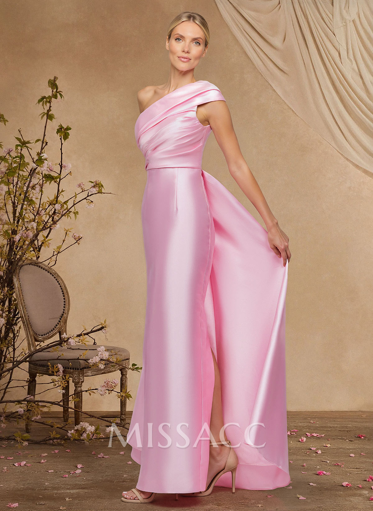 Sheath Column One-Shoulder Sleeveless Floor-Length Satin Mother Of The Bride Dresses With Tiered Sheath Column One-Shoulder Sleeveless Floor-Length Satin Mother Of The Bride Dresses With Tiered