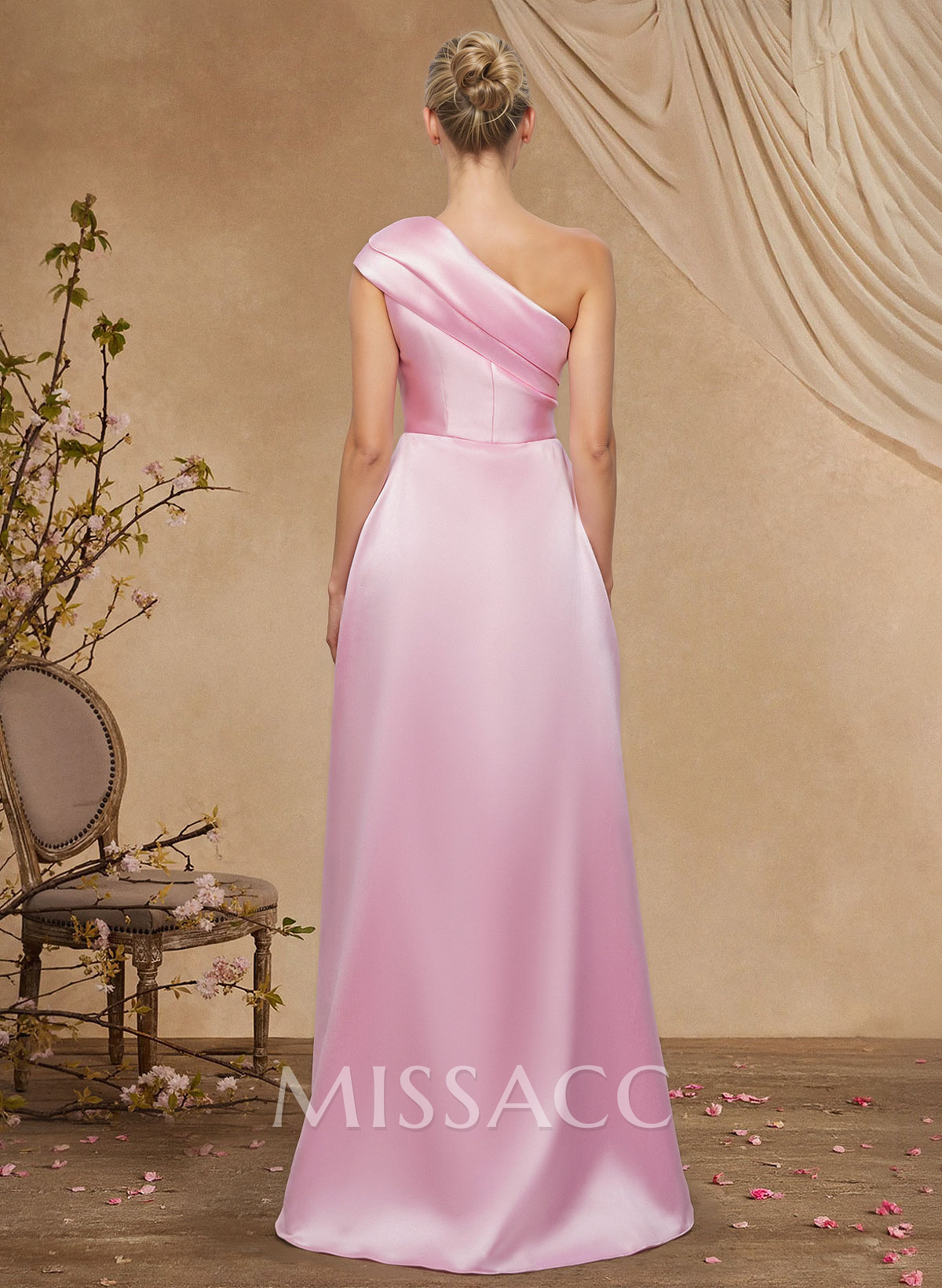 Sheath Column One-Shoulder Sleeveless Floor-Length Satin Mother Of The Bride Dresses With Tiered Sheath Column One-Shoulder Sleeveless Floor-Length Satin Mother Of The Bride Dresses With Tiered