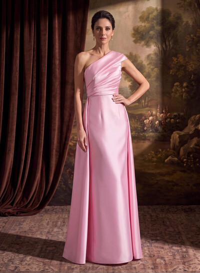 Sheath Column One-Shoulder Sleeveless Floor-Length Satin Mother Of The Bride Dresses With Tiered