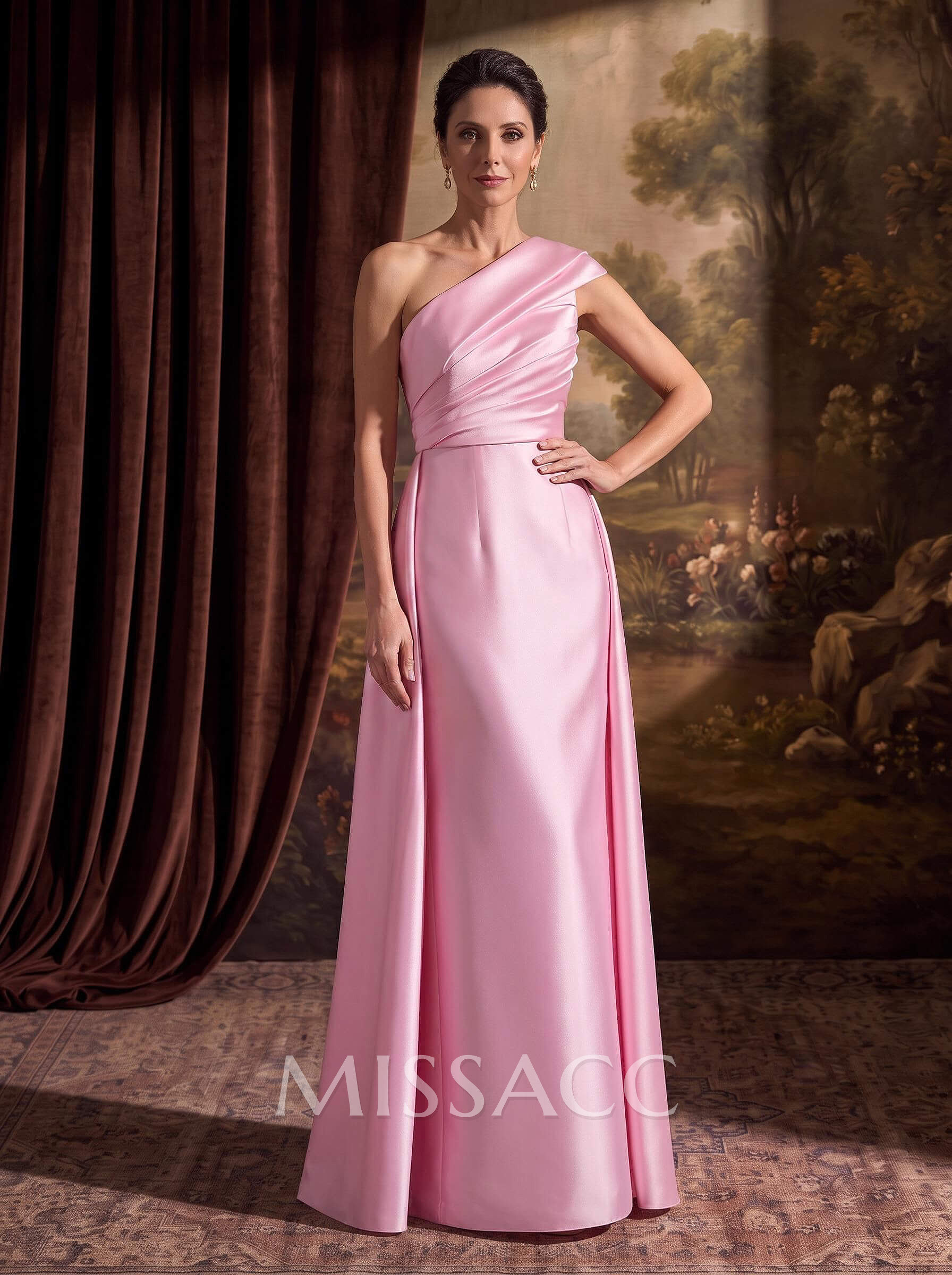 Sheath Column One-Shoulder Sleeveless Floor-Length Satin Mother Of The Bride Dresses With Tiered