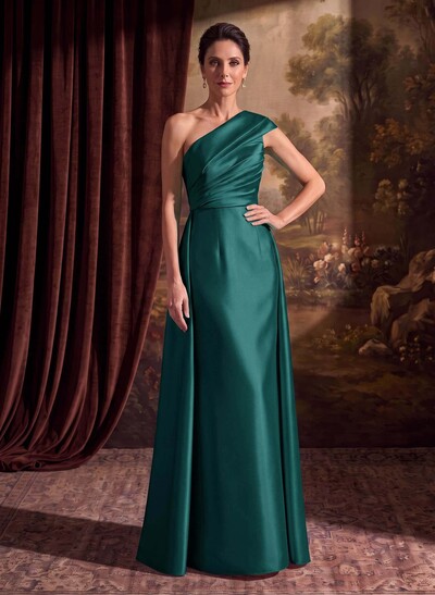 Sheath Column One-Shoulder Sleeveless Floor-Length Satin Mother Of The Bride Dresses With Tiered