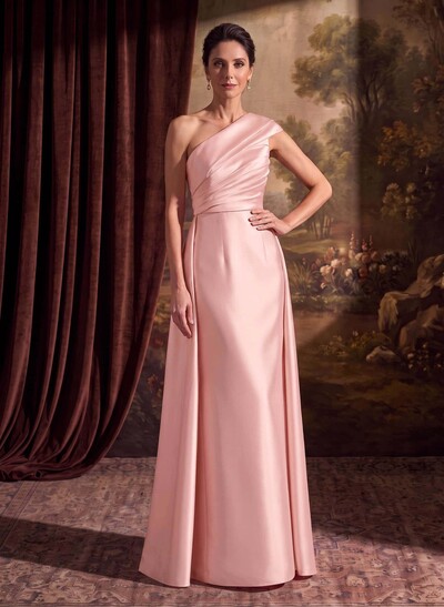 Sheath Column One-Shoulder Sleeveless Floor-Length Satin Mother Of The Bride Dresses With Tiered