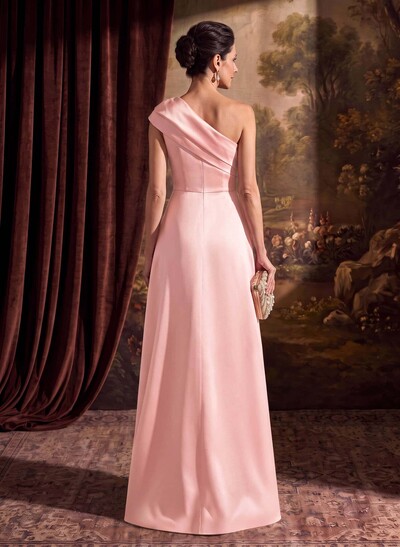 Sheath Column One-Shoulder Sleeveless Floor-Length Satin Mother Of The Bride Dresses With Tiered