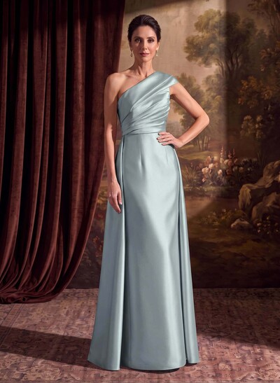 Sheath Column One-Shoulder Sleeveless Floor-Length Satin Mother Of The Bride Dresses With Tiered