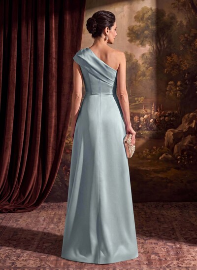 Sheath Column One-Shoulder Sleeveless Floor-Length Satin Mother Of The Bride Dresses With Tiered