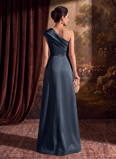 Sheath Column One-Shoulder Sleeveless Floor-Length Satin Mother Of The Bride Dresses With Tiered