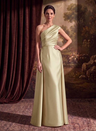 Sheath Column One-Shoulder Sleeveless Floor-Length Satin Mother Of The Bride Dresses With Tiered