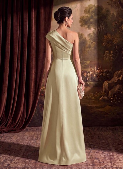 Sheath Column One-Shoulder Sleeveless Floor-Length Satin Mother Of The Bride Dresses With Tiered