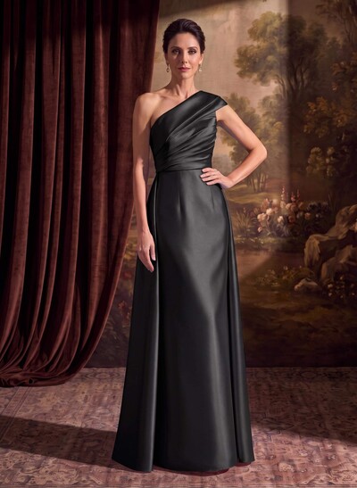 Sheath Column One-Shoulder Sleeveless Floor-Length Satin Mother Of The Bride Dresses With Tiered