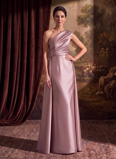 Sheath Column One-Shoulder Sleeveless Floor-Length Satin Mother Of The Bride Dresses With Tiered