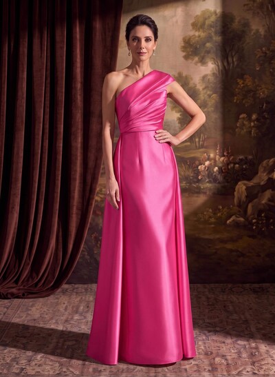 Sheath Column One-Shoulder Sleeveless Floor-Length Satin Mother Of The Bride Dresses With Tiered