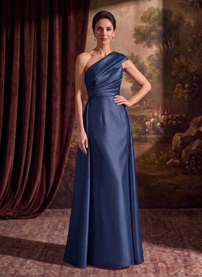 Sheath Column One-Shoulder Sleeveless Floor-Length Satin Mother Of The Bride Dresses With Tiered