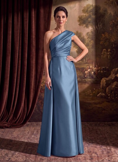 Sheath Column One-Shoulder Sleeveless Floor-Length Satin Mother Of The Bride Dresses With Tiered