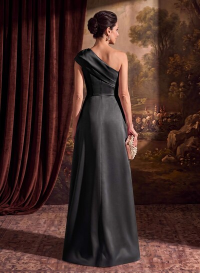 Sheath Column One-Shoulder Sleeveless Floor-Length Satin Mother Of The Bride Dresses With Tiered