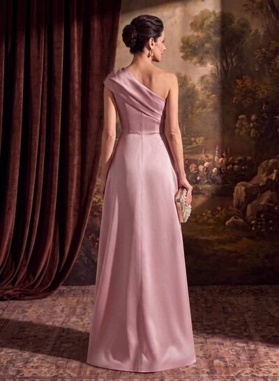 Sheath Column One-Shoulder Sleeveless Floor-Length Satin Mother Of The Bride Dresses With Tiered