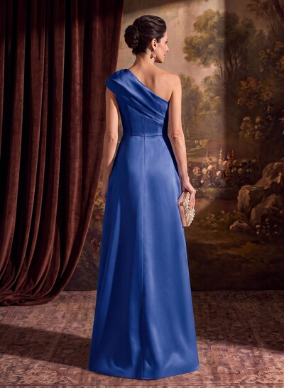 Sheath Column One-Shoulder Sleeveless Floor-Length Satin Mother Of The Bride Dresses With Tiered