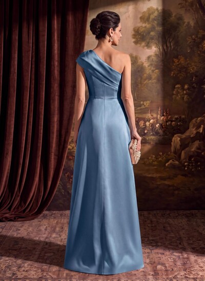 Sheath Column One-Shoulder Sleeveless Floor-Length Satin Mother Of The Bride Dresses With Tiered