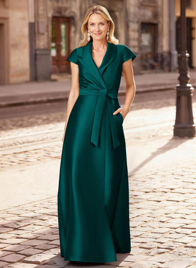 A-Line V-Neck Short Sleeves Floor-Length Satin Mother Of The Bride Dresses With