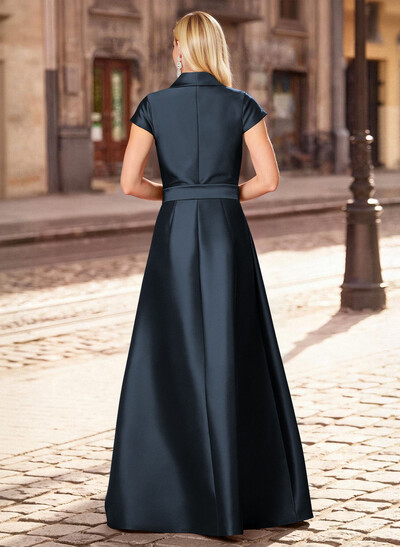 A-Line V-Neck Short Sleeves Floor-Length Satin Mother Of The Bride Dresses With