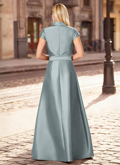 A-Line V-Neck Short Sleeves Floor-Length Satin Mother Of The Bride Dresses With