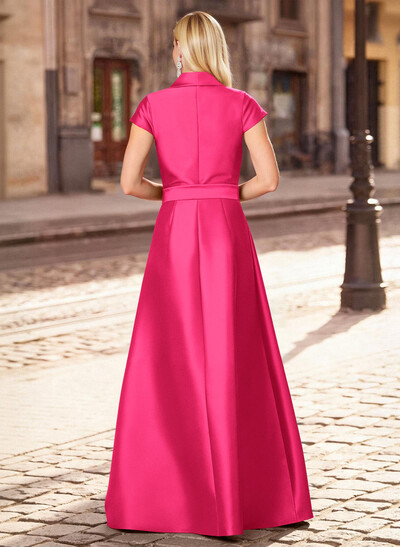 A-Line V-Neck Short Sleeves Floor-Length Satin Mother Of The Bride Dresses With