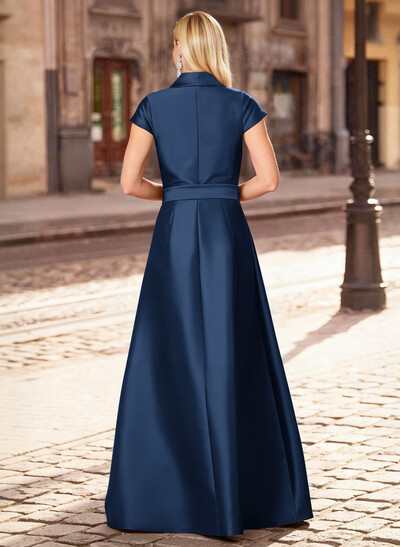 A-Line V-Neck Short Sleeves Floor-Length Satin Mother Of The Bride Dresses With
