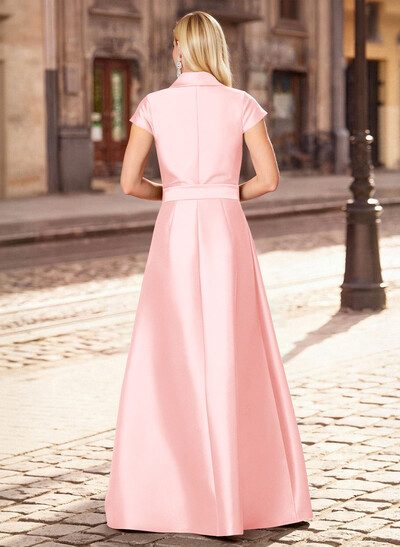 A-Line V-Neck Short Sleeves Floor-Length Satin Mother Of The Bride Dresses With