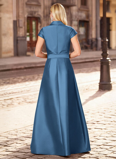 A-Line V-Neck Short Sleeves Floor-Length Satin Mother Of The Bride Dresses With